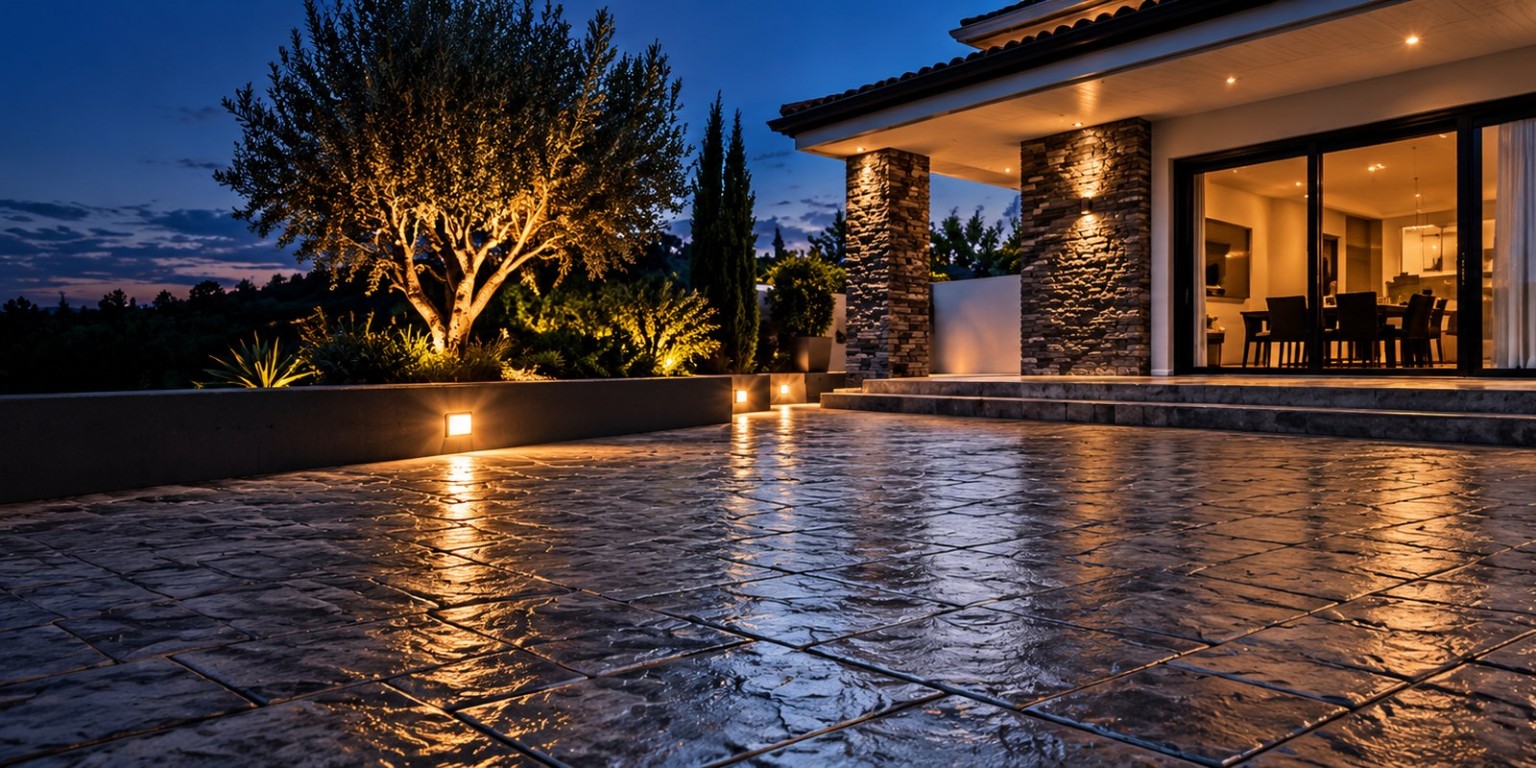 Patio acabado con pavimento de hormigón impreso